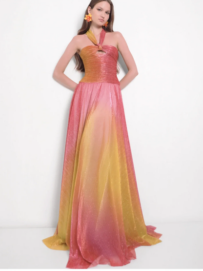 Metallic Plisse Halter Keyhole Ruched Bodice Maxi Gown