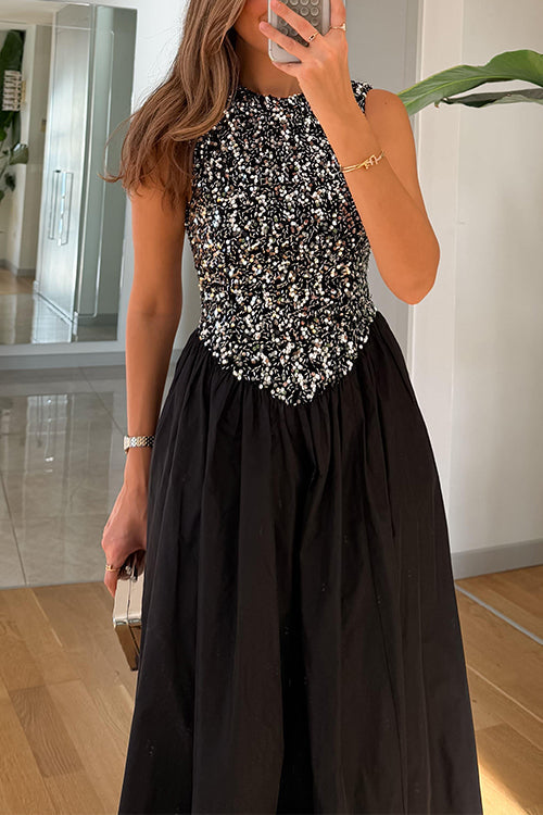 Margovil Crewneck Sleeveless Glitter Sequin Splice Maxi Dress