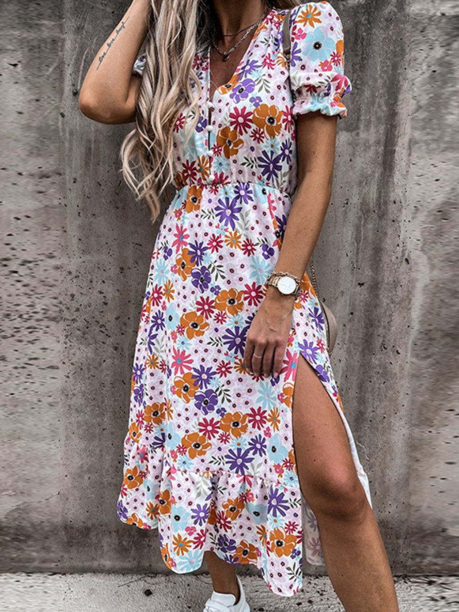 Deep V-neck Short-sleeved Midi Dress With Slit