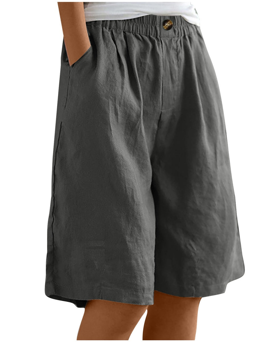 Button-down Cotton Linen Loose High-waisted Five-point Shorts