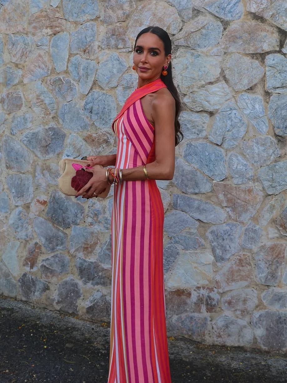 Cross Halter Neck Vertical Stripe Bodycon Midi Dress
