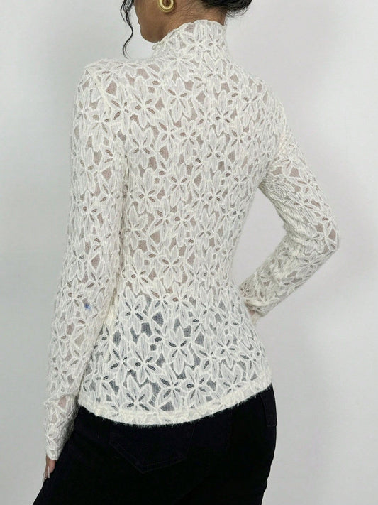 Lace Flowers Perspective High Collar Slim Fit Long-sleeved T-shirt