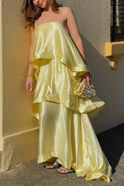 Margovil Adjustable Strap Ruffle Layered Satin Maxi Dress