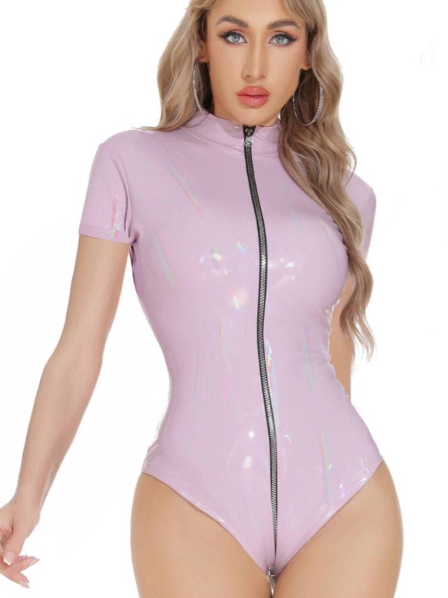 PU Leather Zipper Open Crotch Short Sleeves Bodysuits