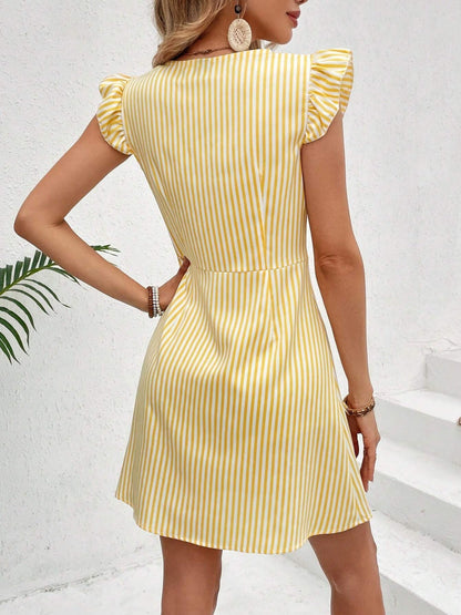 Striped Color Blocking Buttons V-neck Flutter Sleeves Mini&Short Dresses
