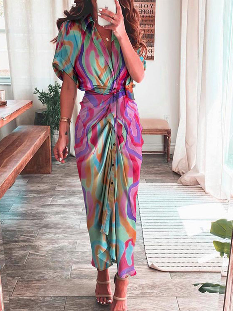 Abstract Print Shirt Collar Short Sleeve Tie Waist Button Front Maxi Dress