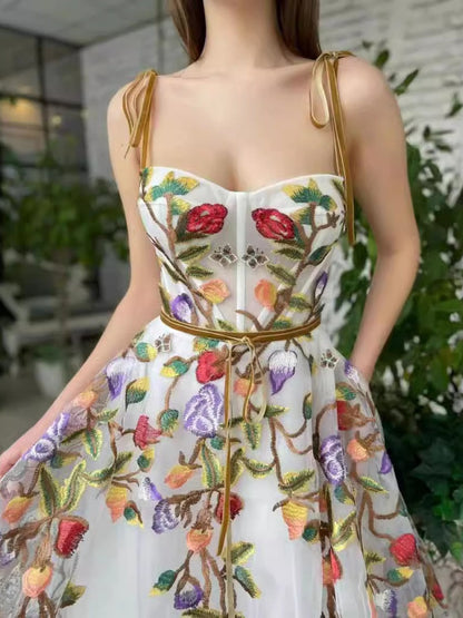 White 3D Flower Embroidery Mesh Off-shoulder Strapless Top Maxi Dresses