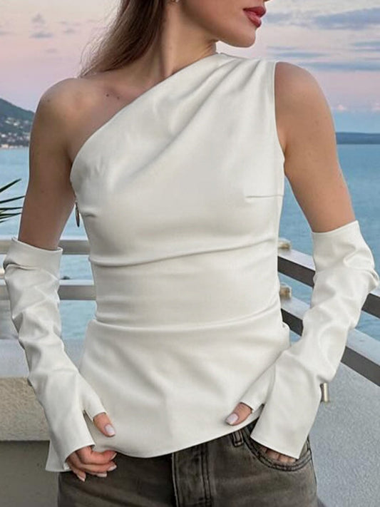 PU Leather Sleeveless Asymmetrical Neck Vest With Arm Sleeves Jacket