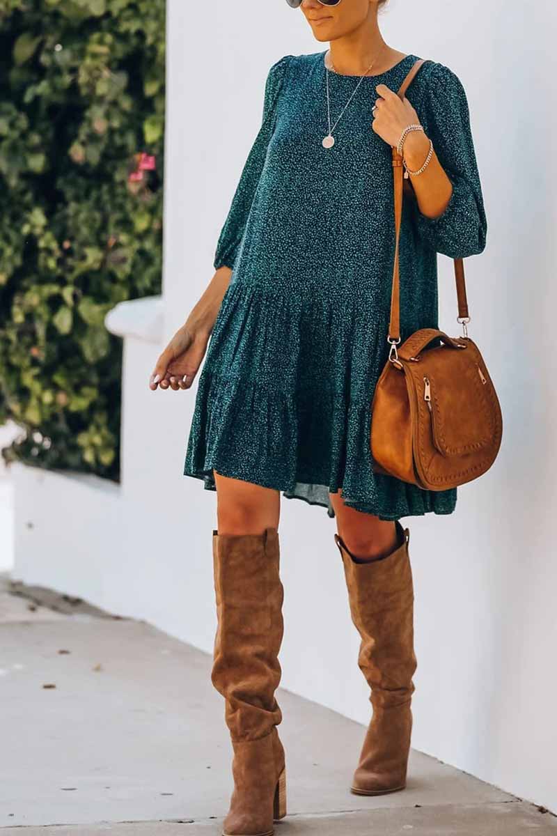 Ditsy Print Crew Neck Balloon Sleeve Tiered Babydoll Mini Dress