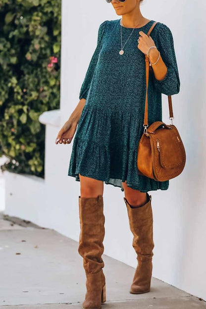 Ditsy Print Crew Neck Balloon Sleeve Tiered Babydoll Mini Dress