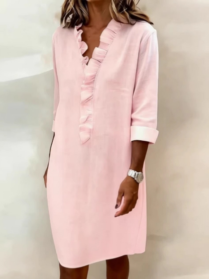 Ruffled Trim Long-sleeved Cotton-linen Short Dress