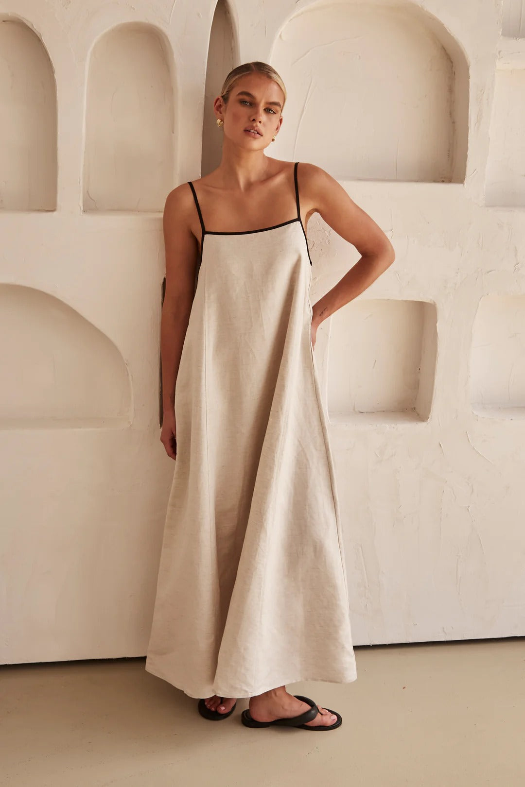 Linen Look Square Neck Spaghetti Strap Contrast Piping Relaxed Maxi Dress