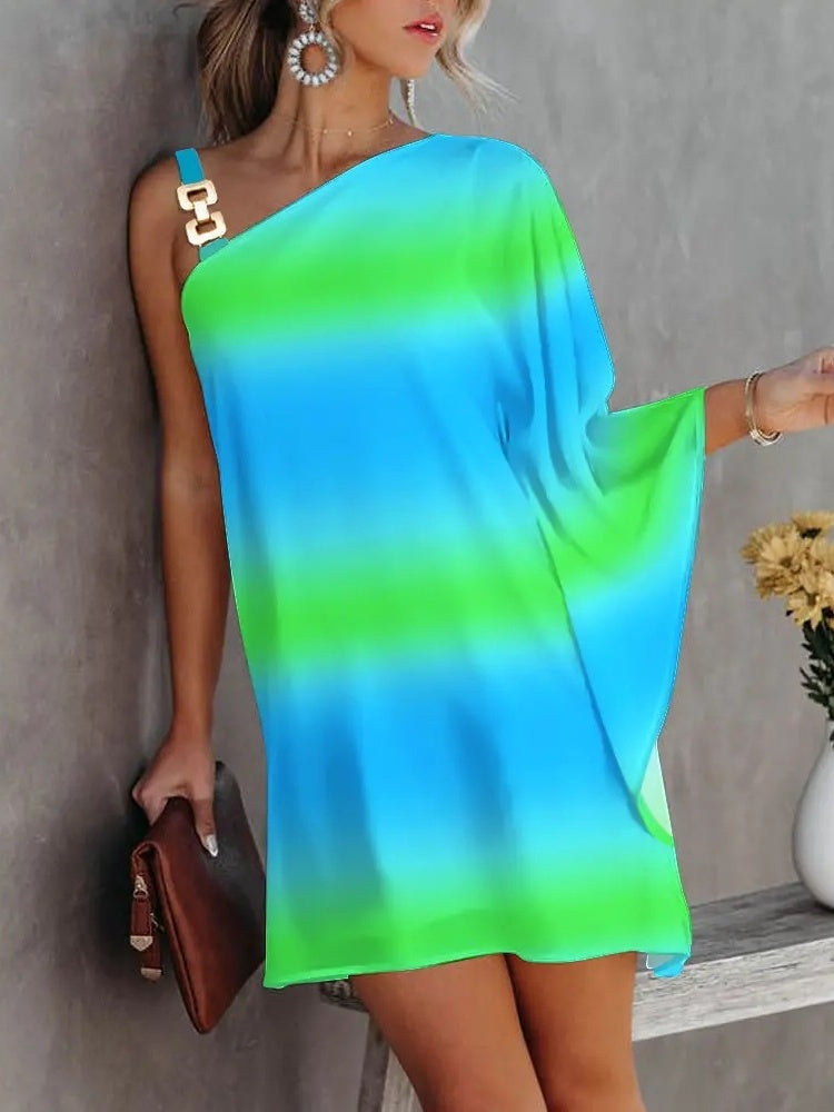 Batwing Sleeve Off-shoulder Metallic Halter Short Dress