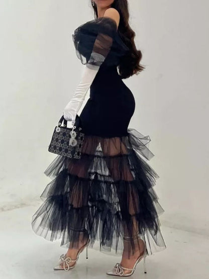 Black Multi-layered Mesh Strapless Long Dress