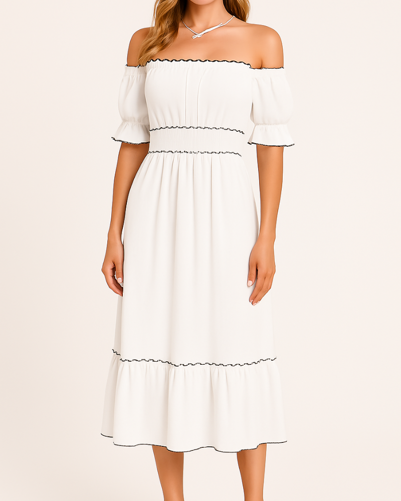 Off Shoulder Shirred Waist Puff Sleeve Lettuce Edge Tiered Midi Dress