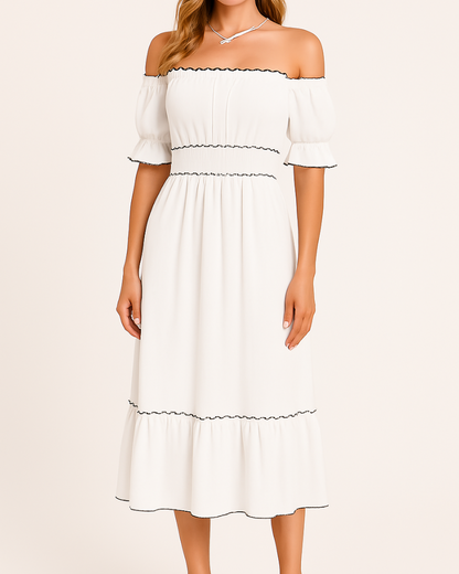 Off Shoulder Shirred Waist Puff Sleeve Lettuce Edge Tiered Midi Dress