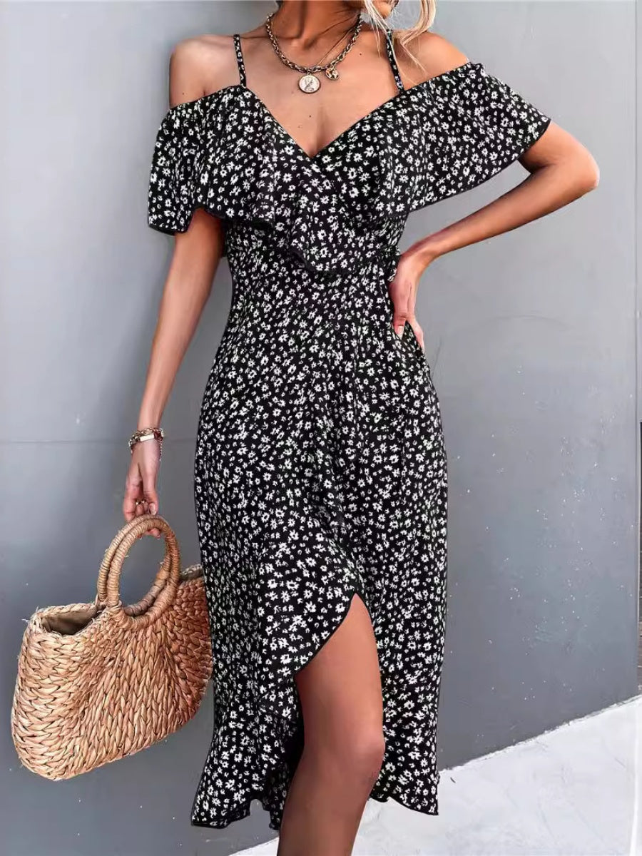Off-the-shoulder Floral Print Sundress With Ruffles, Midi Length