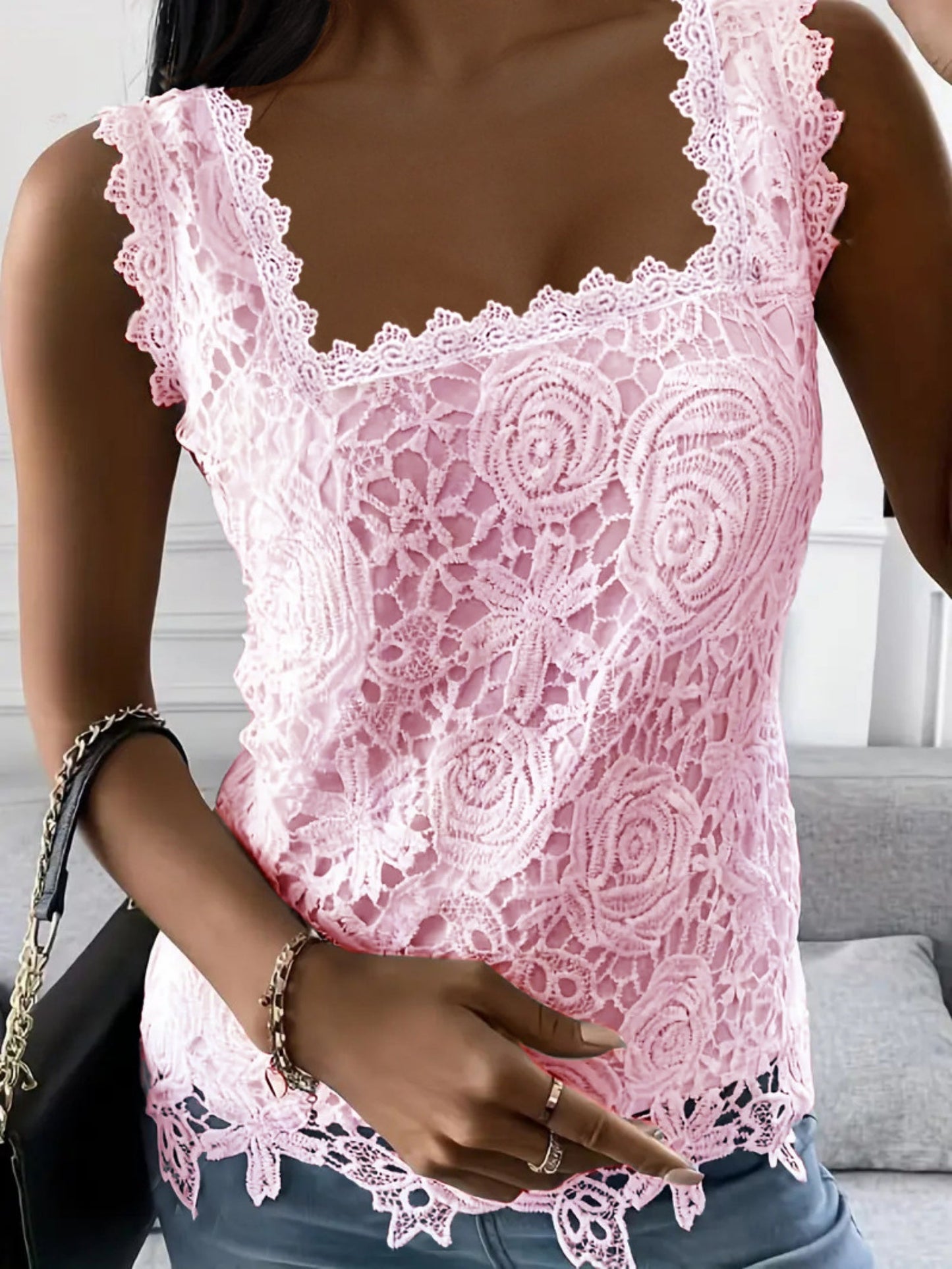 Lace Trim Square Collar Tank Tops&Camis