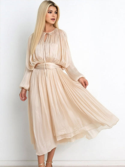 A-line Maxi Dress With Puff Sleeves And Ruched Design