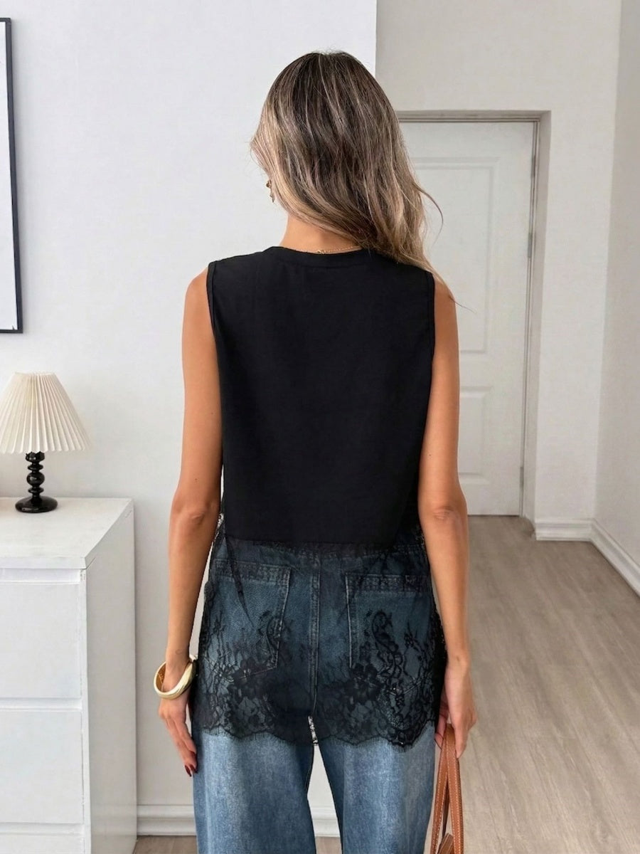 Black Sleeveless Lace Splicing Tank Tops
