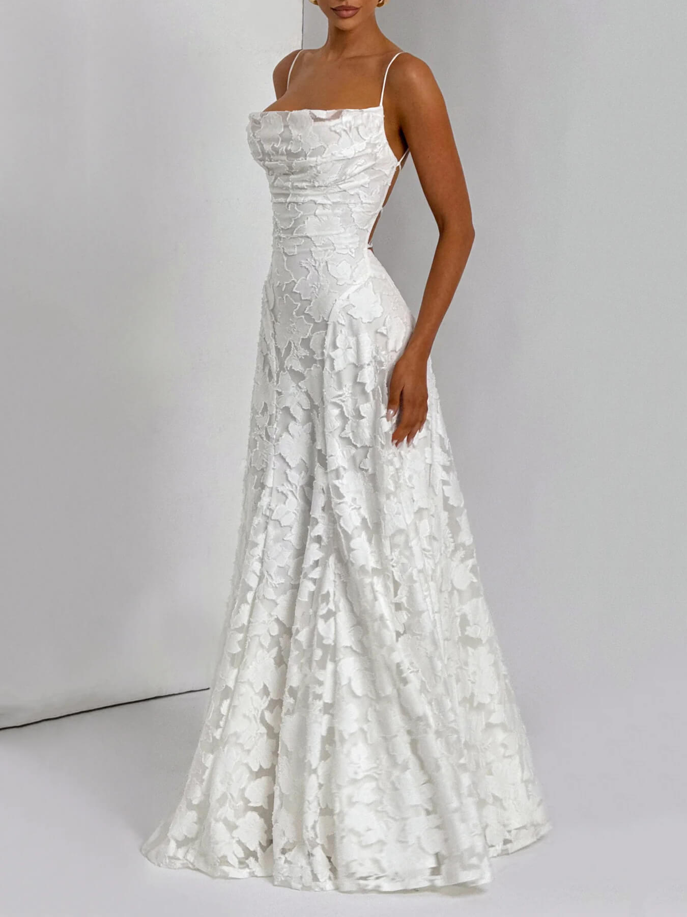 Spaghetti Strap Square Neck 3D Floral Applique A-Line Maxi Dress