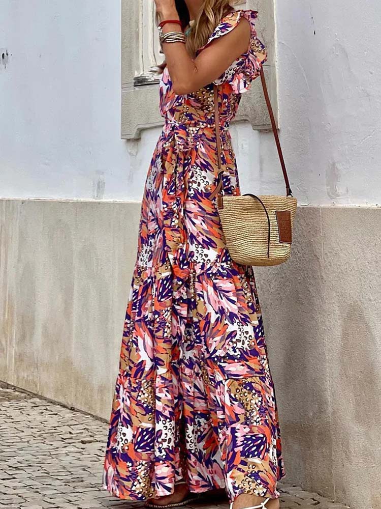 Deep V-Neck Flutter Shoulder Tie Waist Tiered Mixed Print Maxi Dress