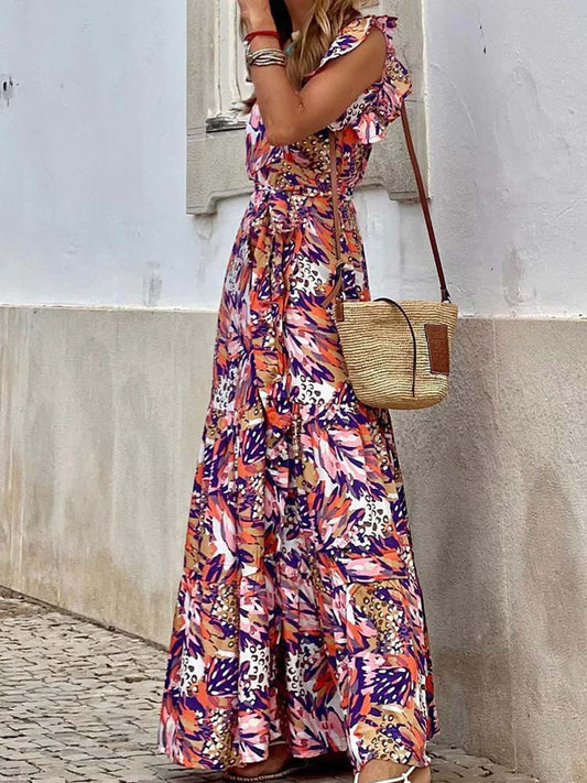 Deep V-Neck Flutter Shoulder Tie Waist Tiered Mixed Print Maxi Dress