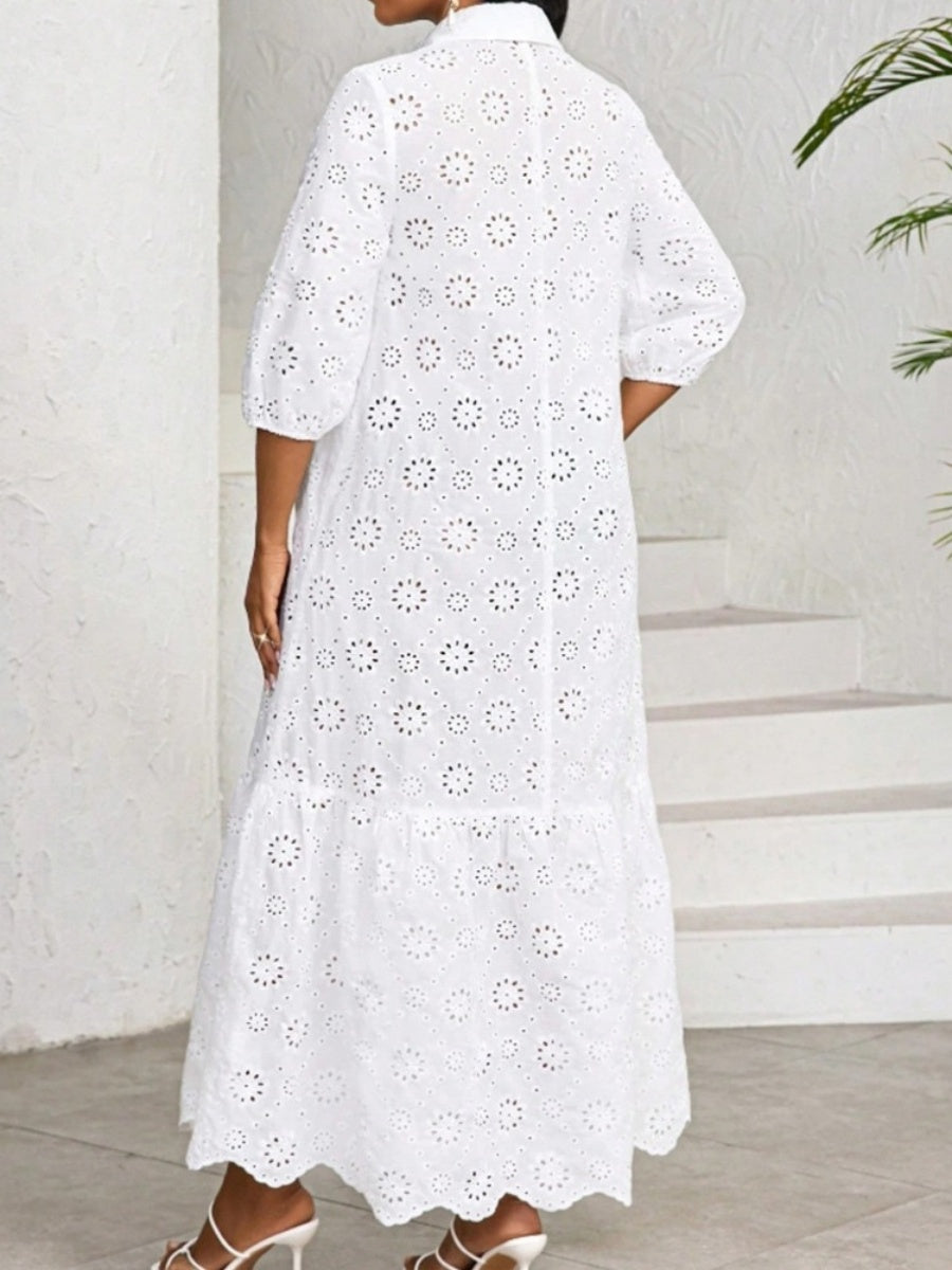 Three-quarter Sleeve Loose Shirt Collar Hollowed-out Lace Long Dress