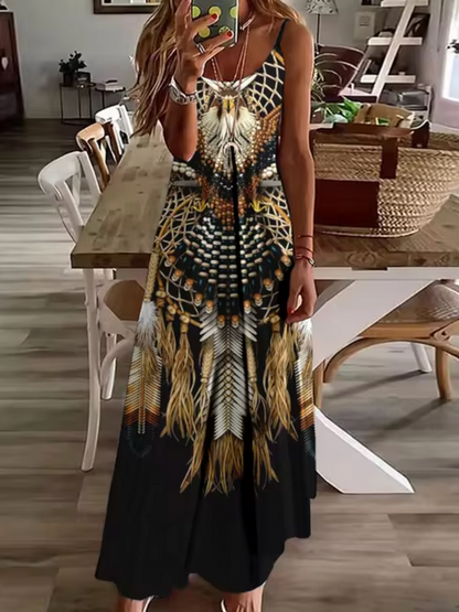 Deep V-Neck Turtle Dreamcatcher Feather Print Spaghetti Strap Maxi Dress