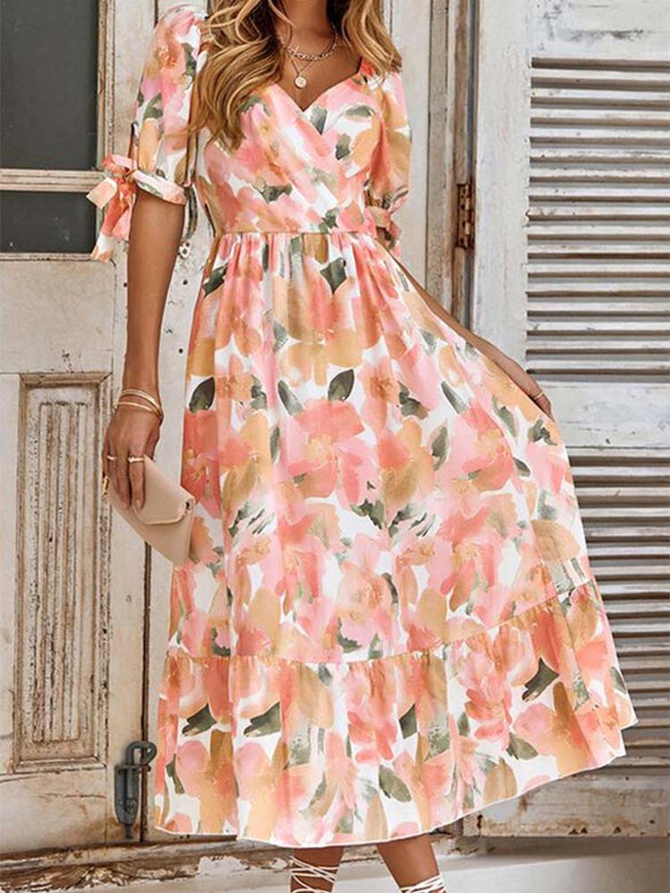 Floral Print Surplice V-Neck Tie Cuff Puff Sleeve Tiered Ruffle Midi Dress