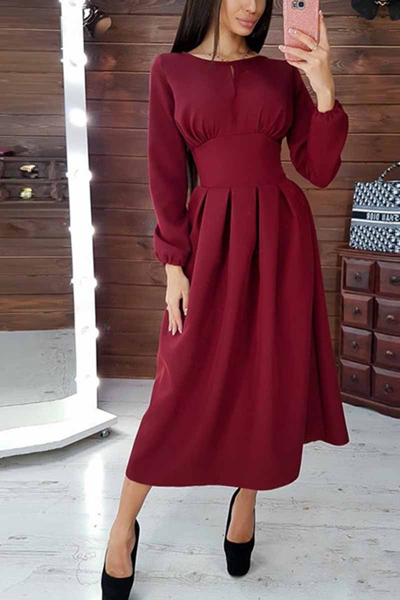 Round Neck Puff Sleeve Wide Waistband Box Pleat Midi Dress