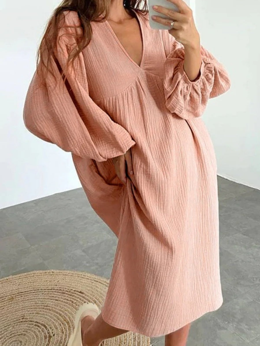 Cotton Blend Temperament V-neck Long Sleeve Loose-fit Home Vacation Mini&Short Dresses