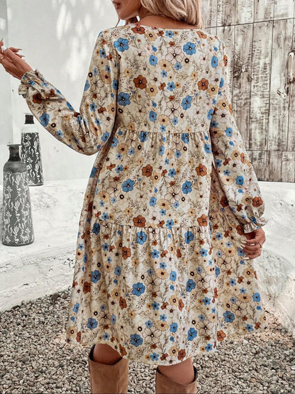 Floral Puff Sleeve Tie-waist Short Dress