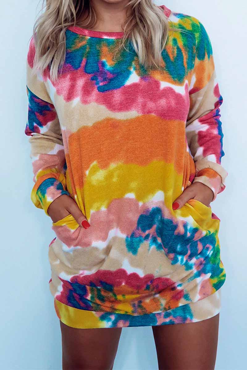 Tie-Dye Marble Print Oversized Crew Neck Pocket Sweatshirt Mini Dress