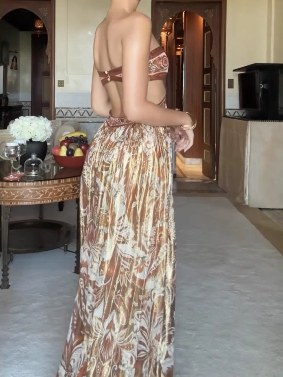 Tube Top Printed Hollow Satin Vacation Maxi Dresses