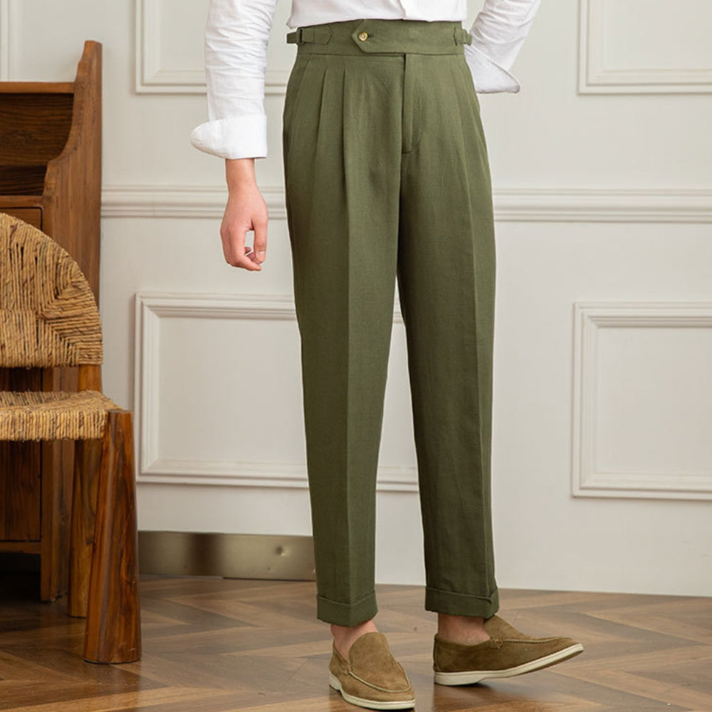 High Waist Pleated Trousers | Cotton Linen Blend | Straight Fit