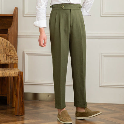 High Waist Pleated Trousers | Cotton Linen Blend | Straight Fit