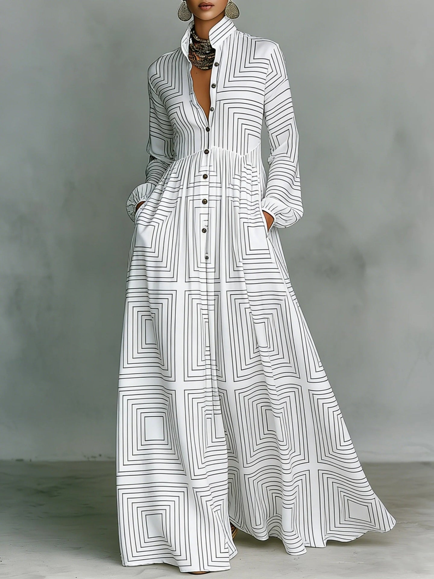 Long-sleeved Printed Maxi Dress