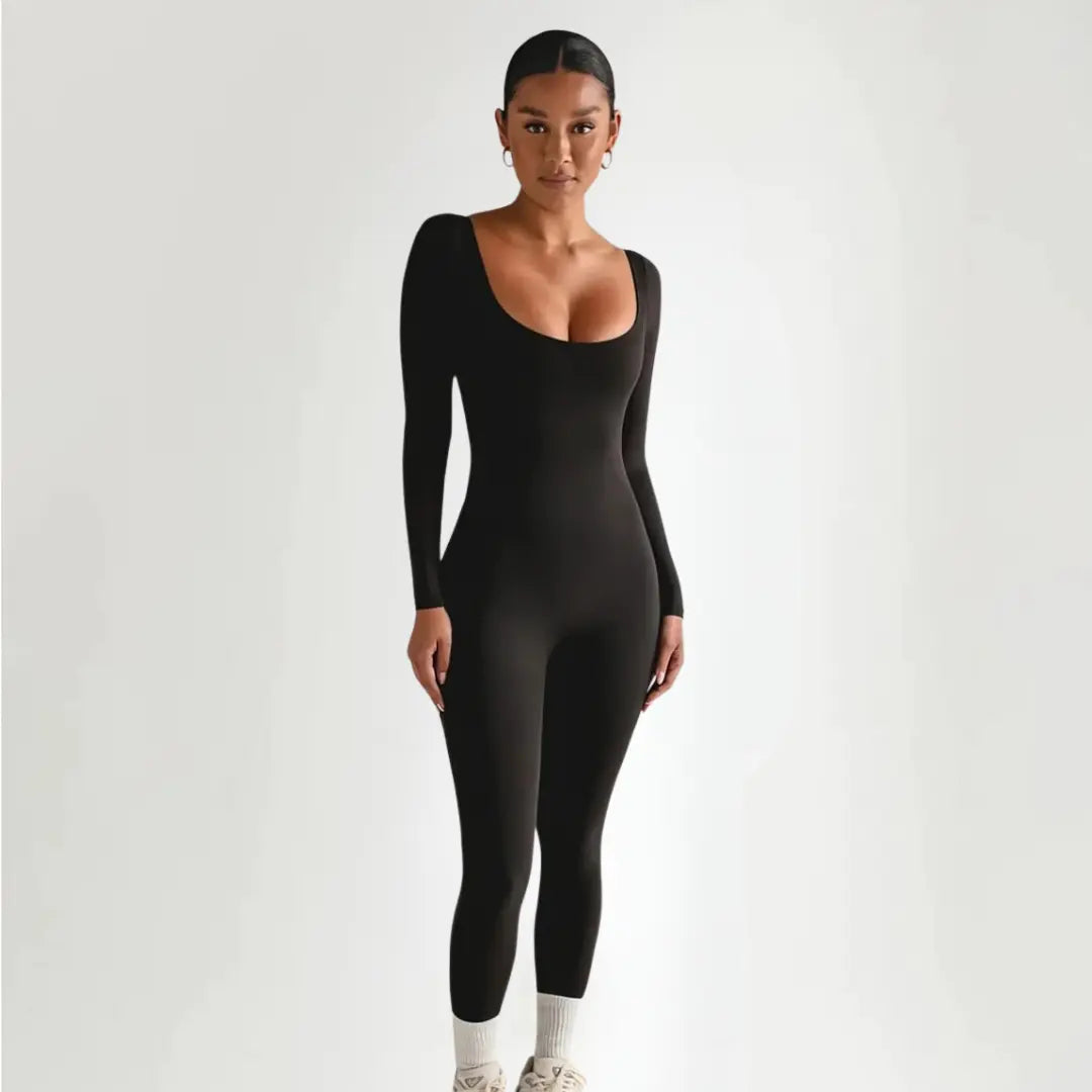 | Scoop Neck Long Sleeve Ribbed Jumpsuit