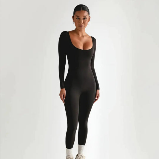 | Scoop Neck Long Sleeve Ribbed Jumpsuit