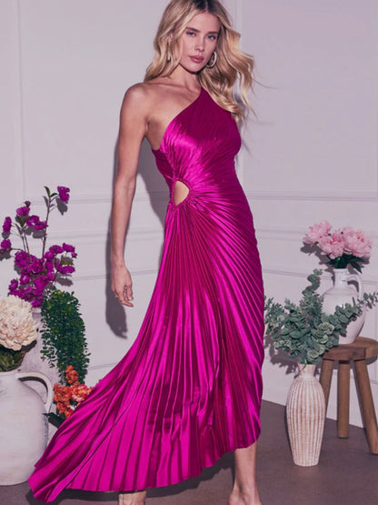 Satin Pleated One-shoulder Asymmetrical Neckline Solid Color Maxi Dresses