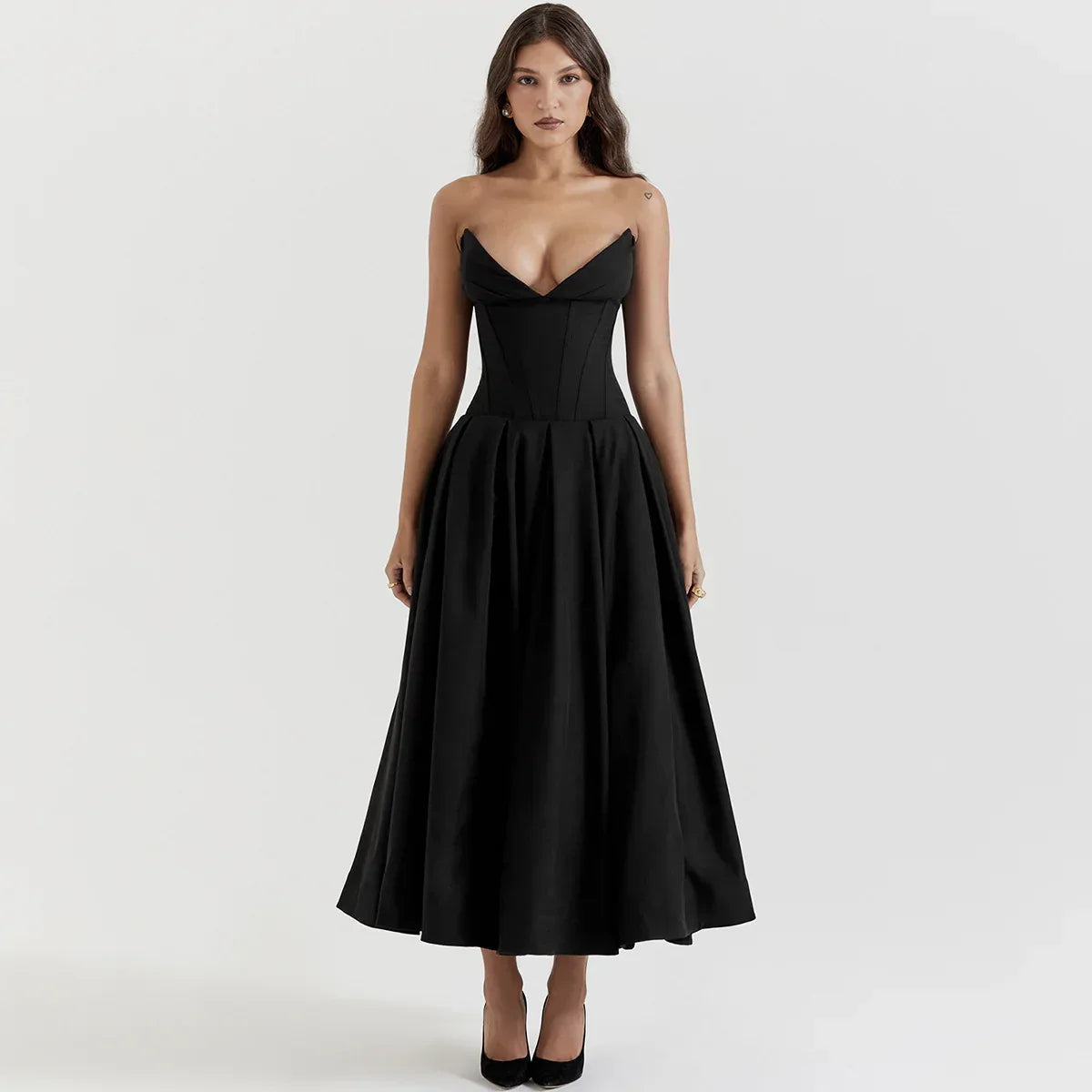 strapless v-neck corset a-line long dress