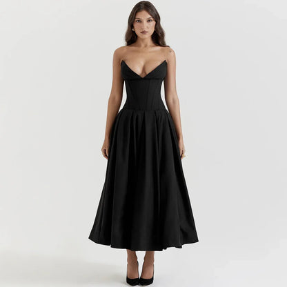 strapless v-neck corset a-line long dress