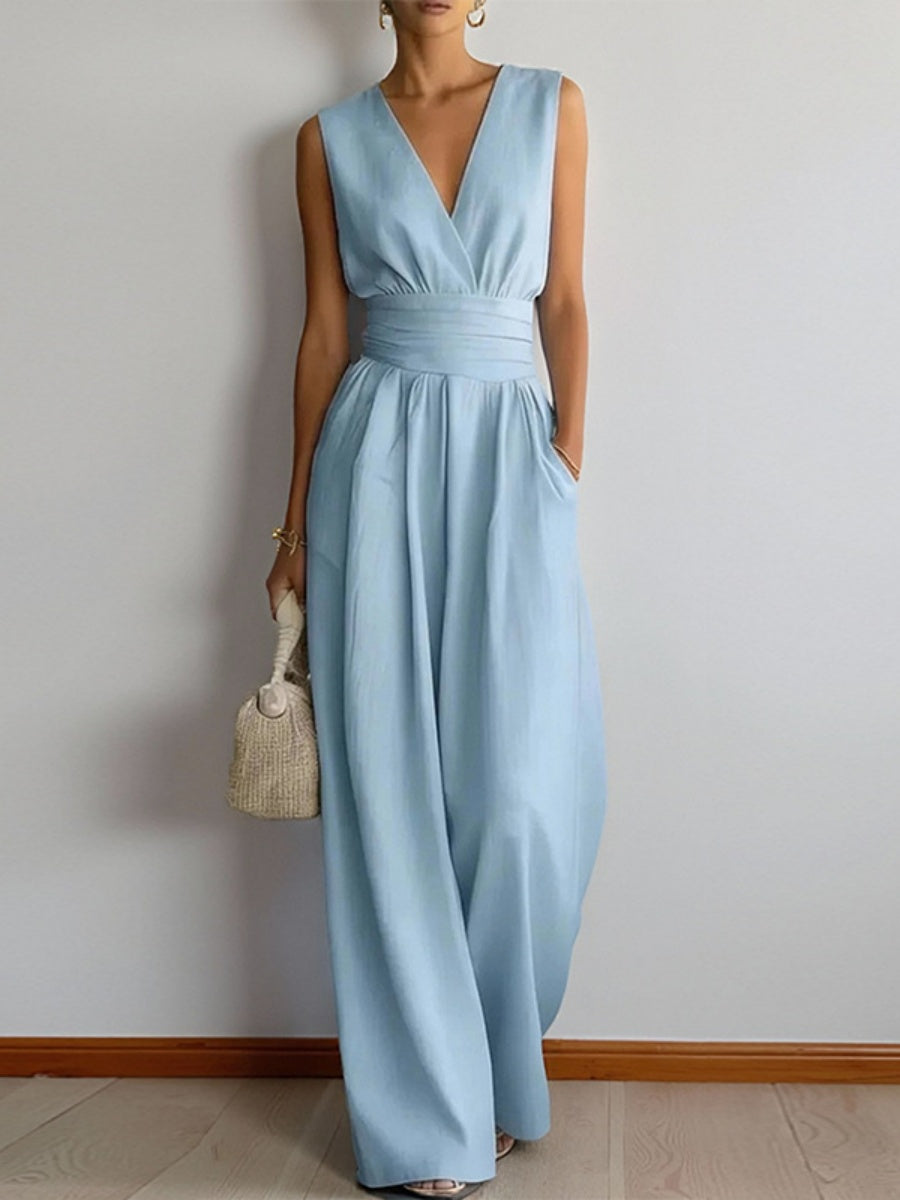 V-neck Waist Wide-leg Pants Sleeveless Temperament Grace Commuting Jumpsuits