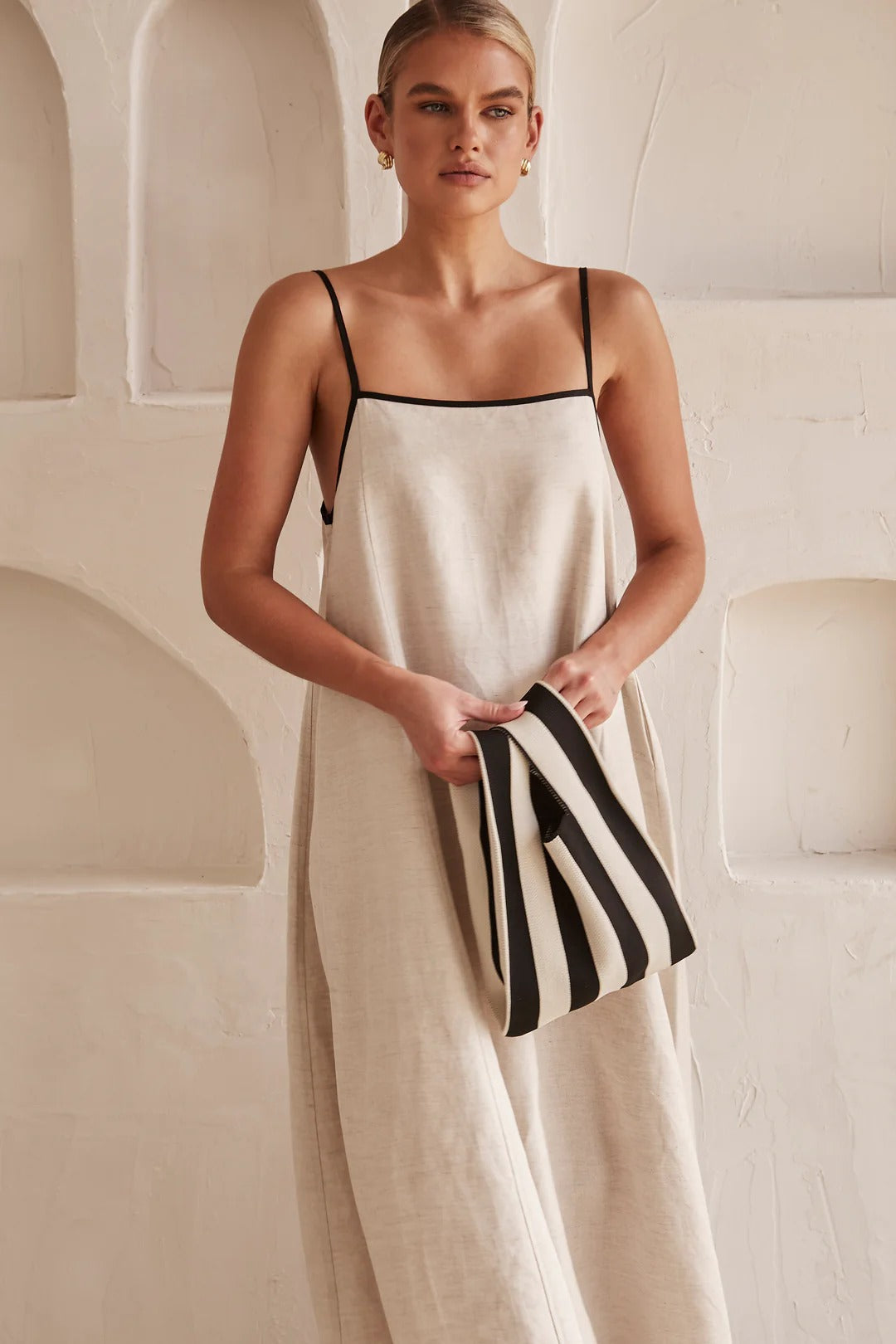 Linen Look Square Neck Spaghetti Strap Contrast Piping Relaxed Maxi Dress
