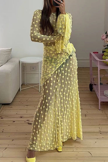 Crewneck Bell Long Sleeves Polka Dot Tulle Cover Up Maxi Dress