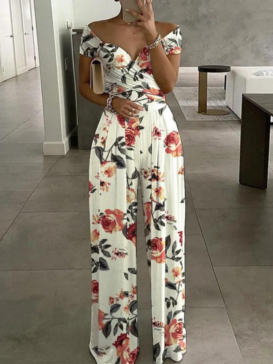 Elegant Printed High-waisted Off-shoulder Jumpsuit