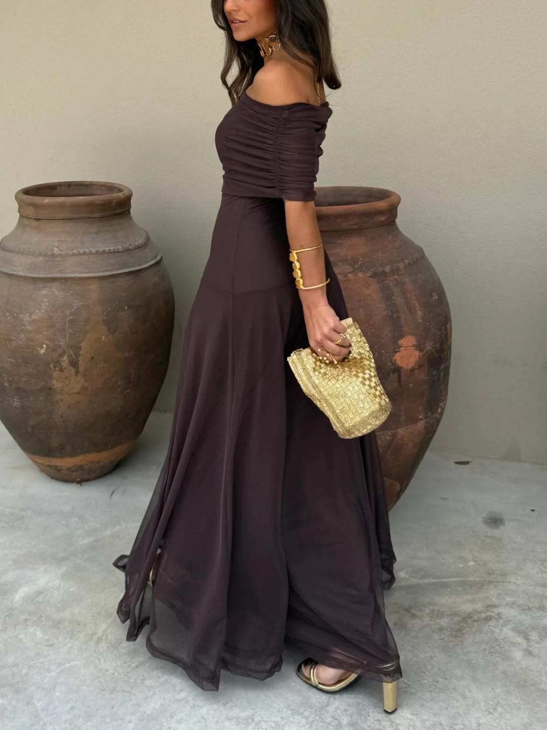 Off Shoulder Bardot Ruched Panel Sheer Overlay Column Maxi Gown