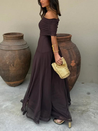 Off Shoulder Bardot Ruched Panel Sheer Overlay Column Maxi Gown