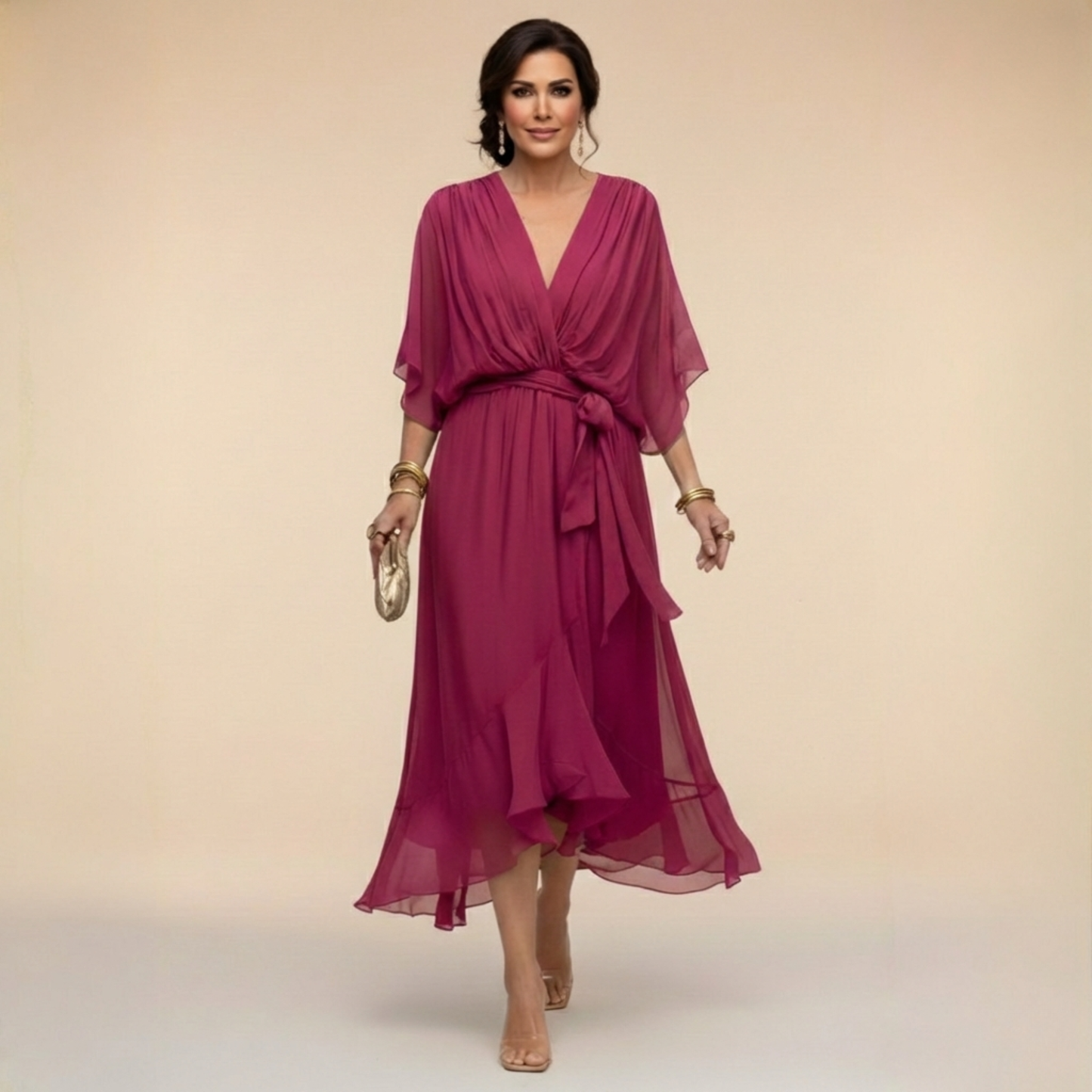 Women's Elegant V-Neck Chiffon Flared Midi Dress with Belt - Perfect Wedding Guest Dress